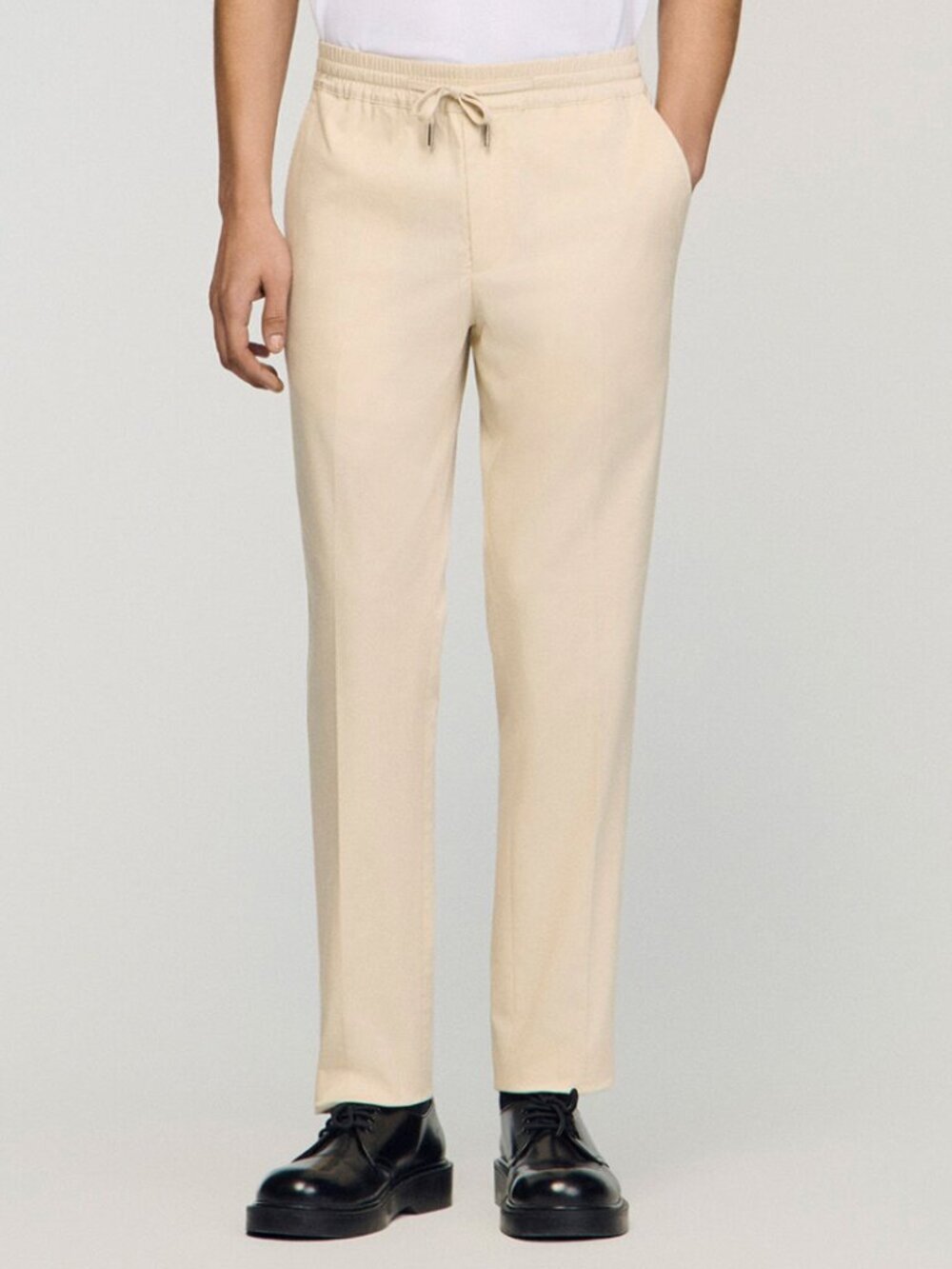 Sandro Men's Size 42 (US Large) Beige Elasticated Straight Leg Trouser Pant